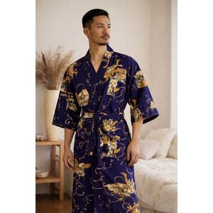 Sakurai Shoji Navy Samurai Print Cotton Kimono Robe Men's S Japandi Zen Lounge
